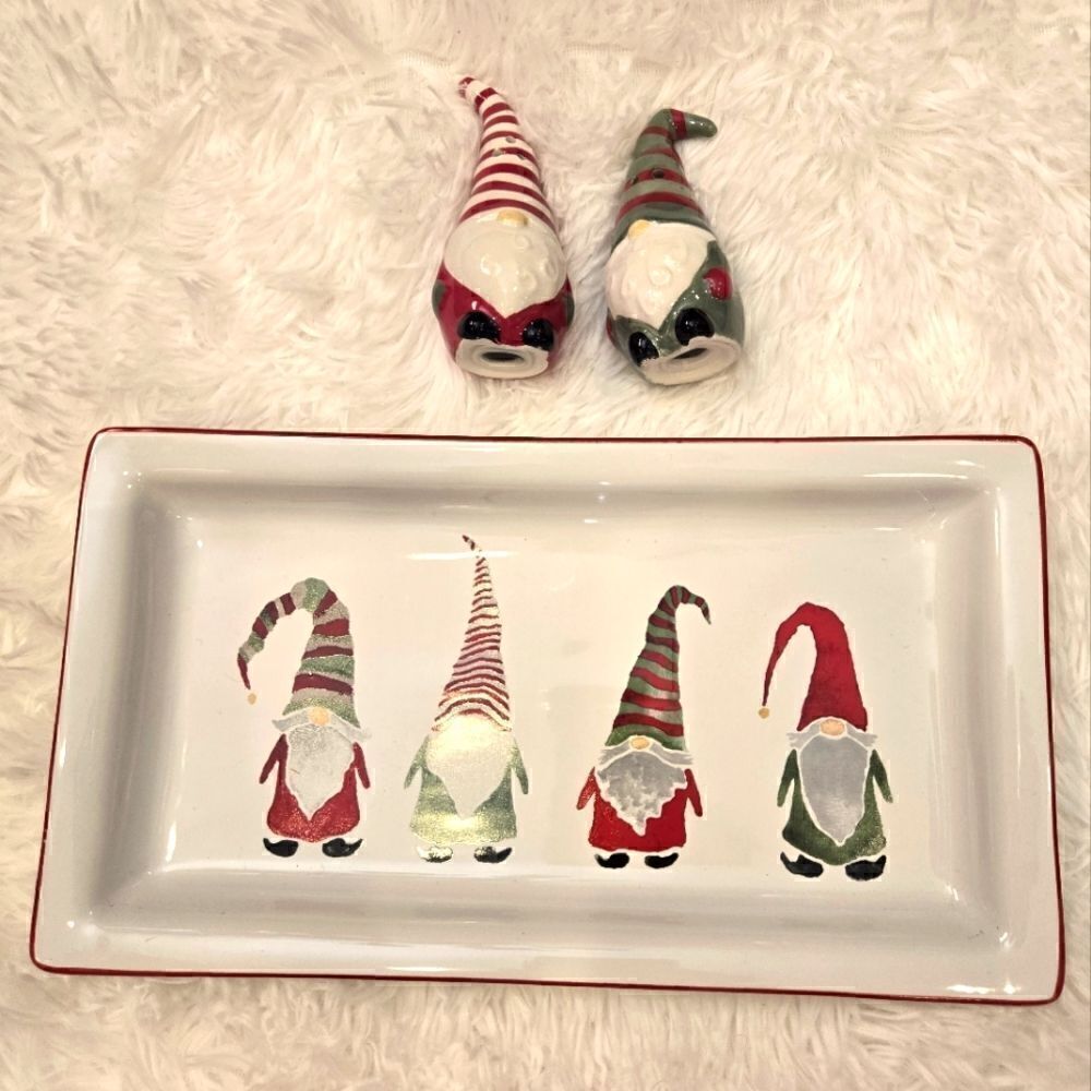 Gnomes Ceramic Serving Tray with Salt and Pepper Shakers NWT